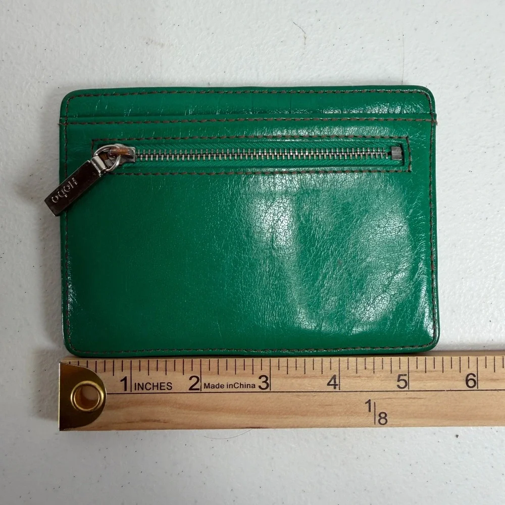 Hobo Euro Slide Card Case Holder Slim Zipper ID Window Green Leather Wallet
